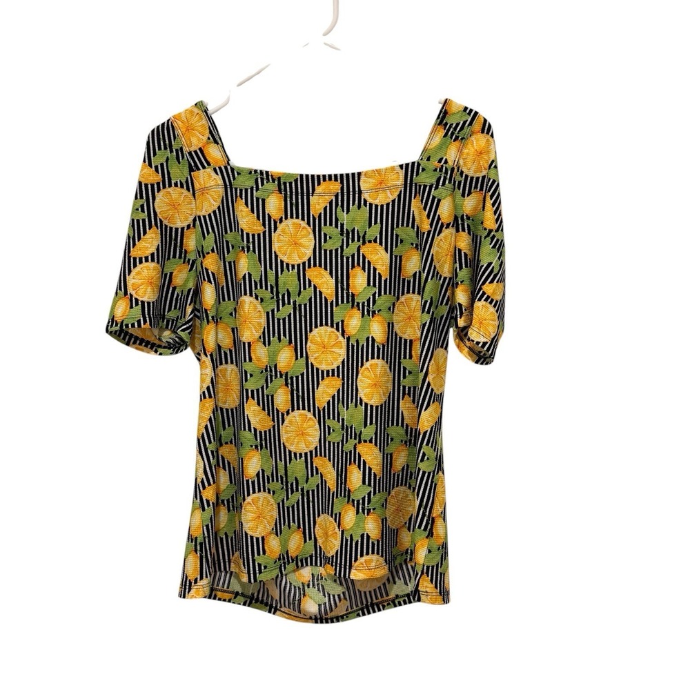 Women's Square Neck Top Lemons and Stripes Tutti Frutti Citrus Farm Fresh M